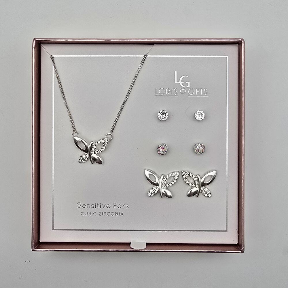 Sensitive Ears Silver Tone Butterfly Necklace and Earrings Gift Set